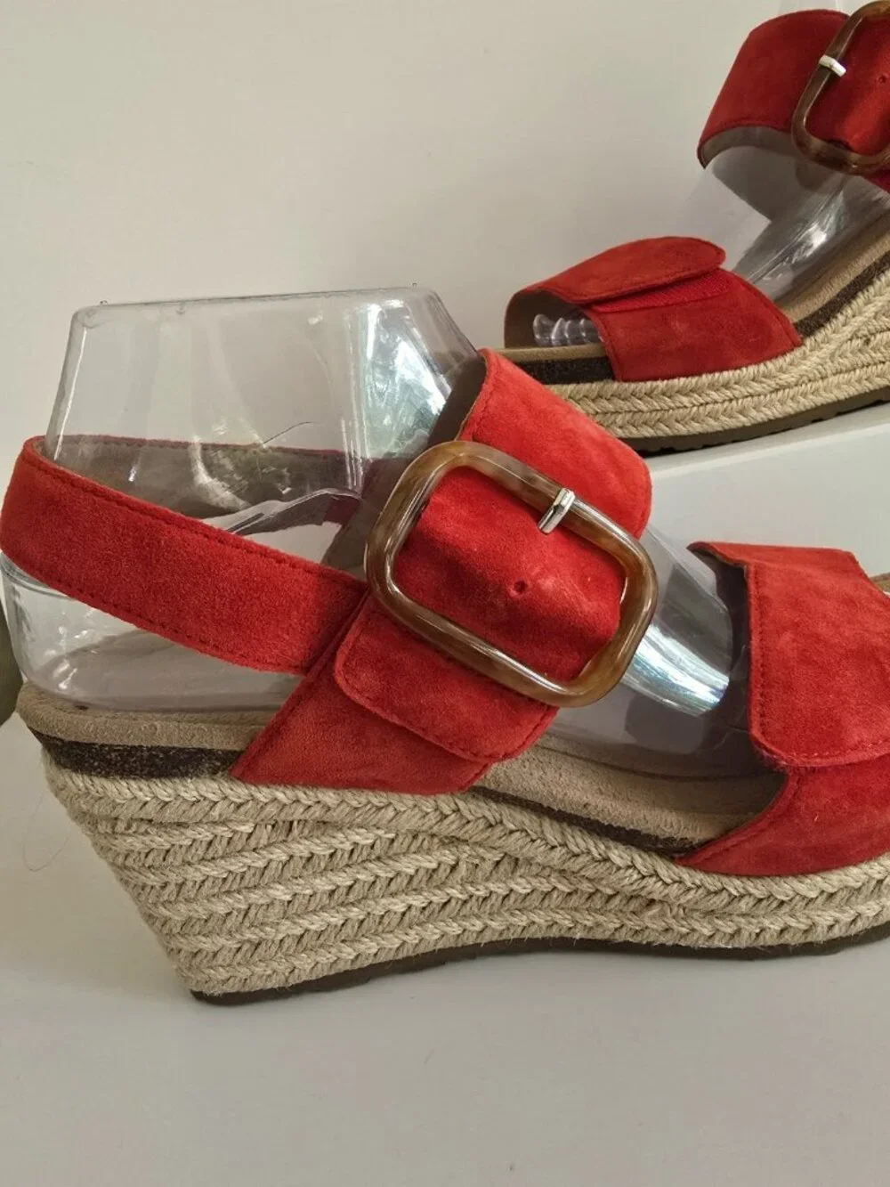 Aetrex Ashley Red Wedge Espadrille Sandals 9 9.5 Shoes Buckle Leather Open Toe